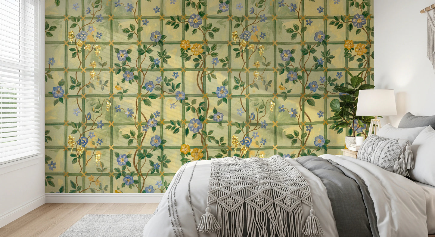 Veggmaleri med vintage-motiv i hagen, engelske roser