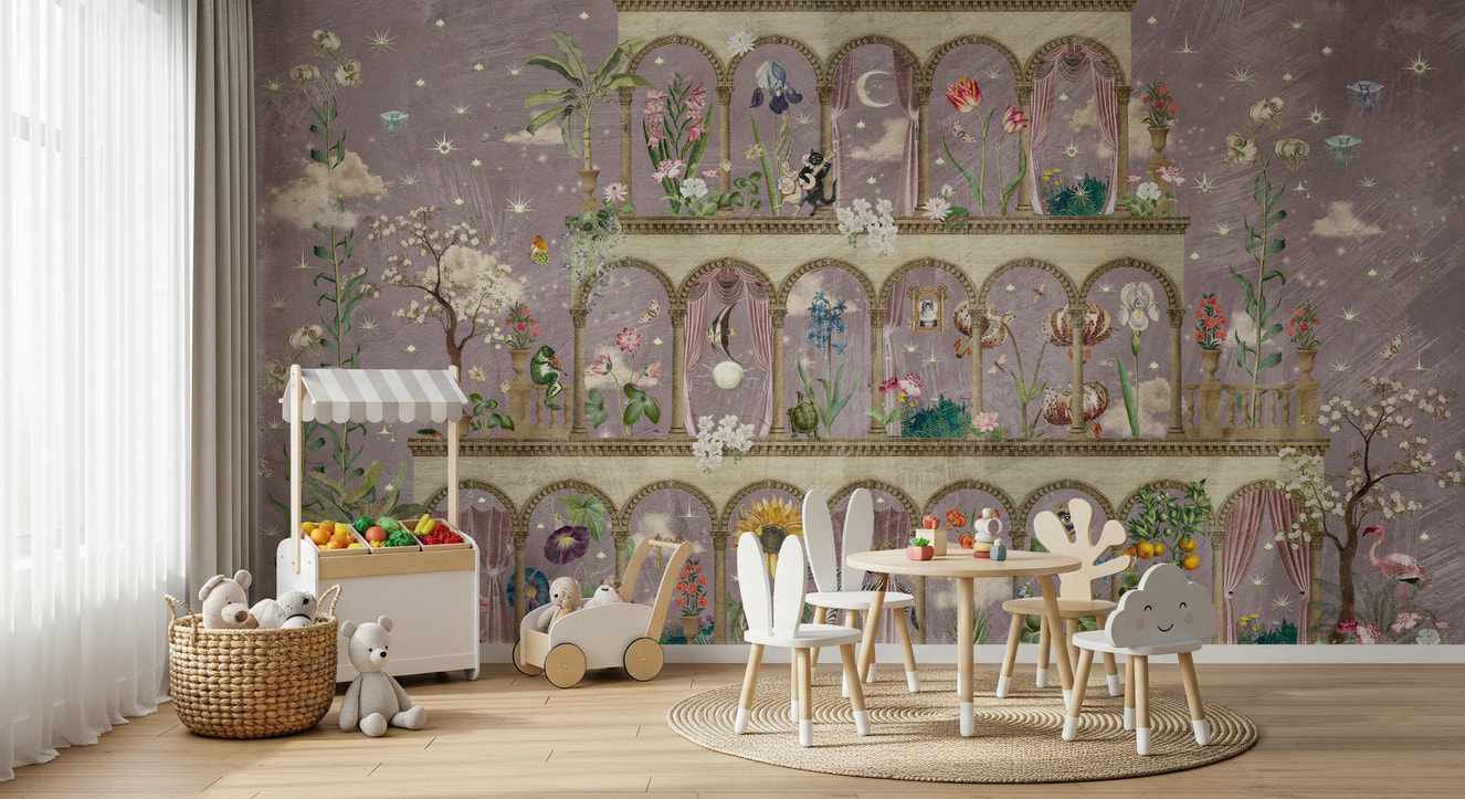 Floral Nightscape Garden on Pink Wall Mural