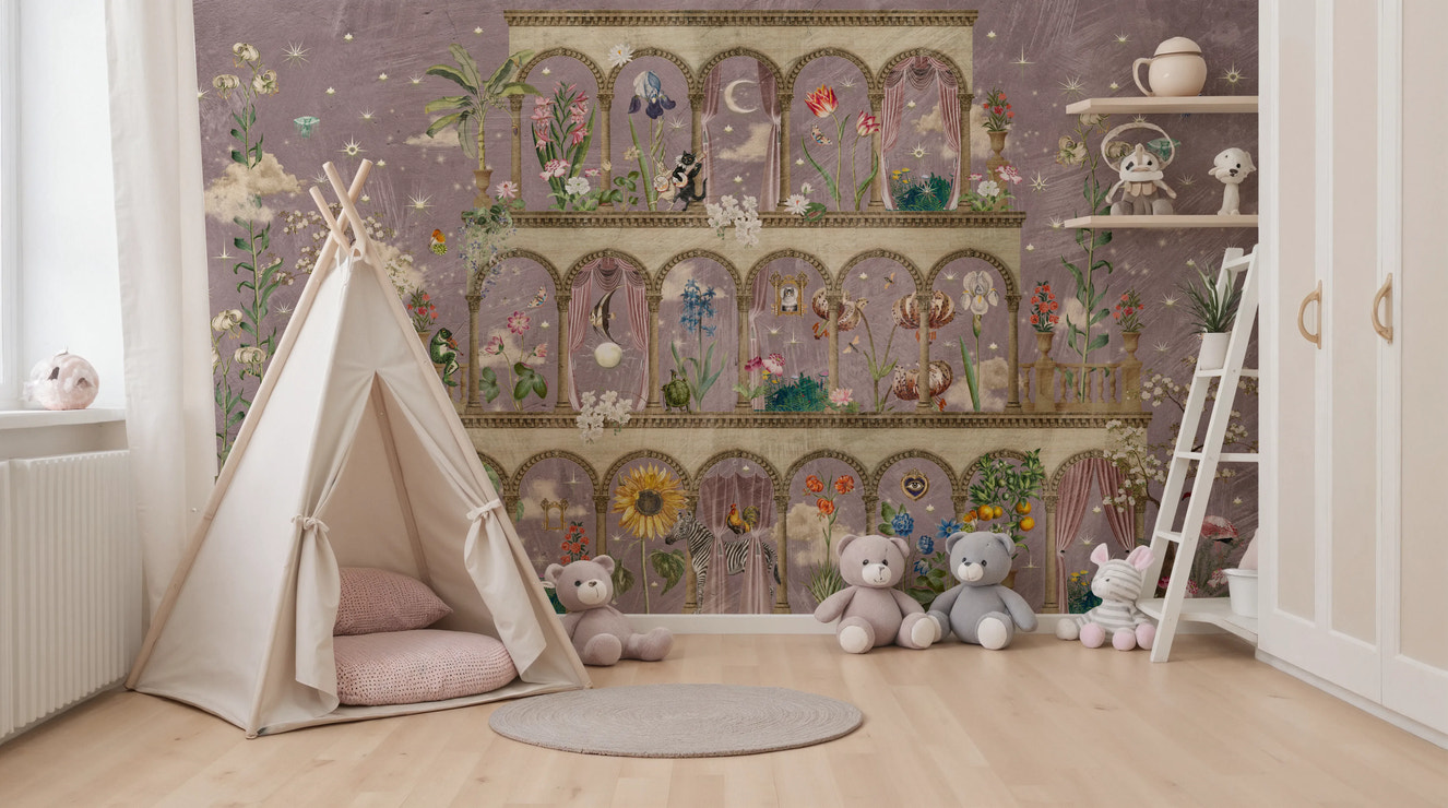 Floral Nightscape Garden on Pink Wall Mural