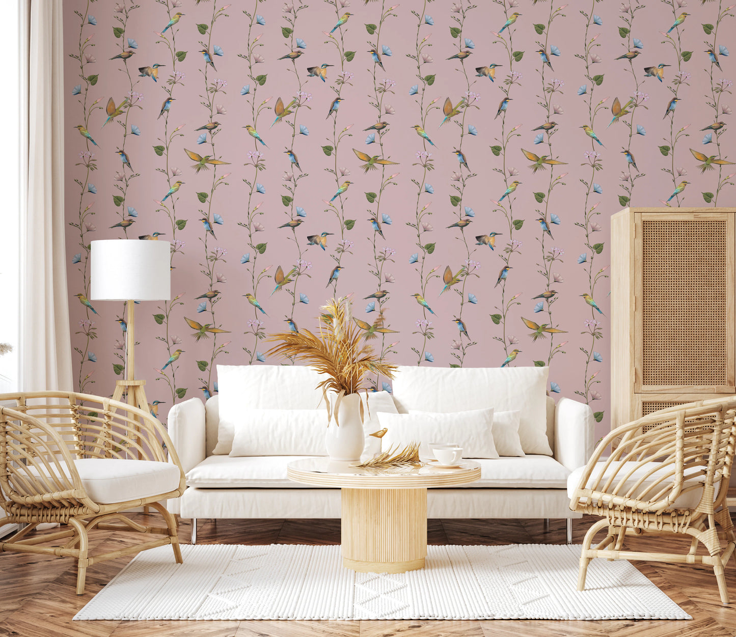 Carta da parati con uccelli e fiori selvatici affascinanti