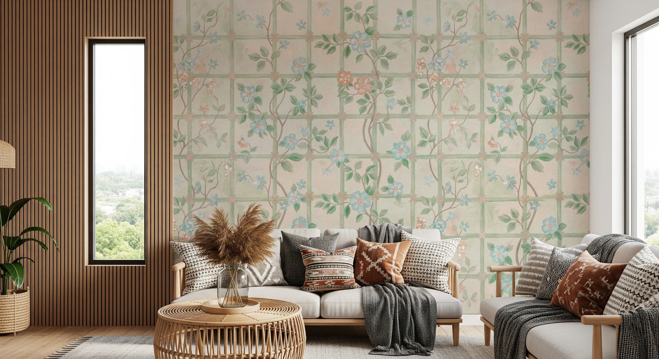 Pastellin viehätysvoimaa puutarhassa - englantilaiset ruusut -seinämaalaus