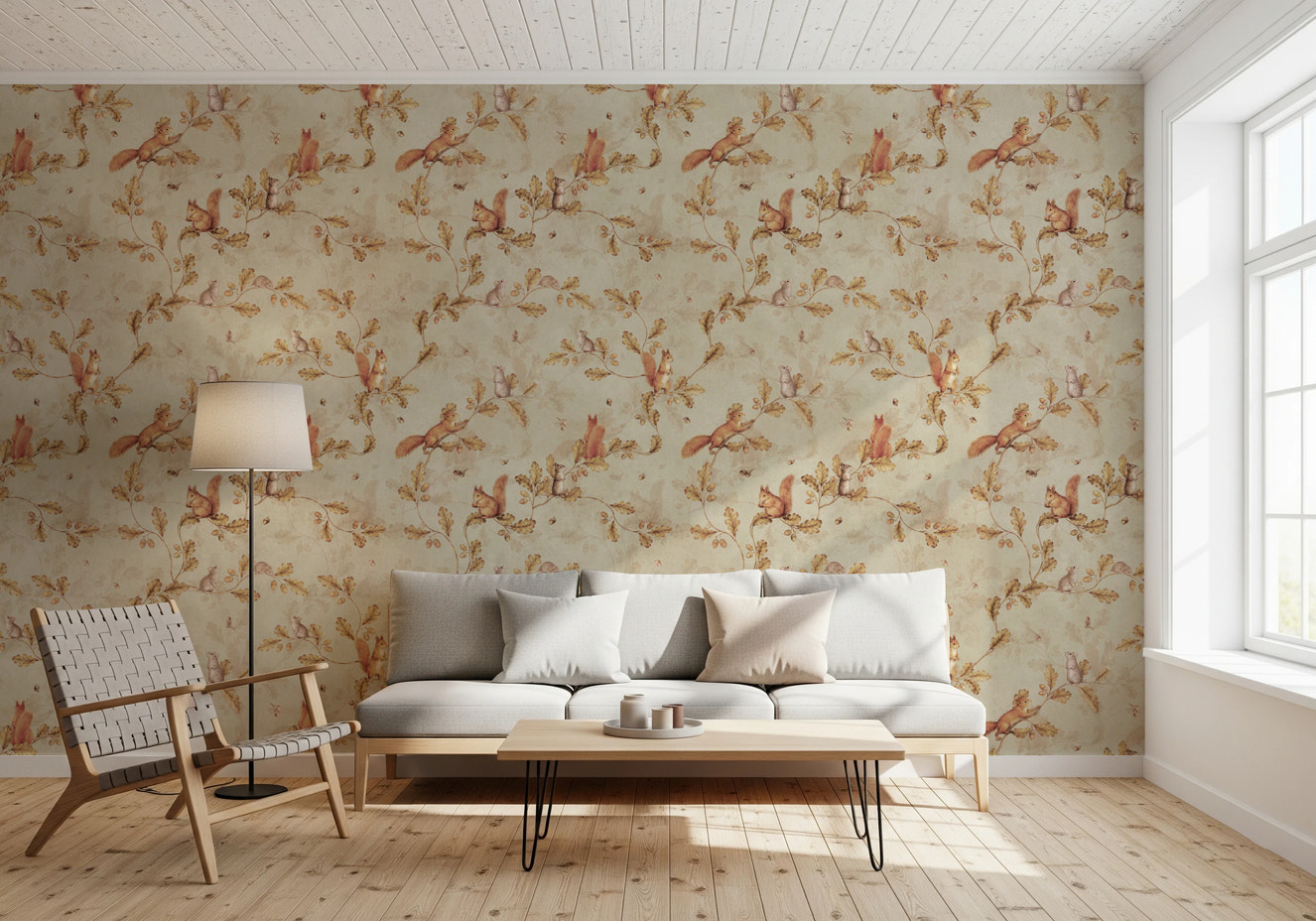Papier peint beige style rococo chinoiserie forestière du XVIIIe siècle avec écureuils et souris sur des branches de chêne