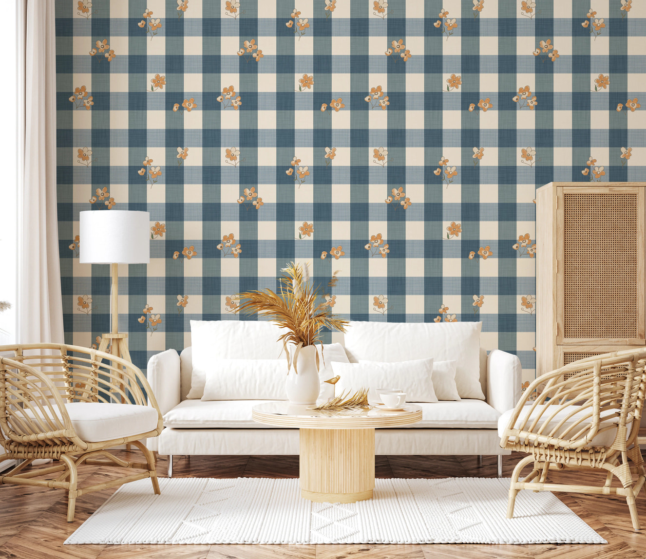 ブルーギンガムチェックの花柄カントリーコテージ壁紙⁠