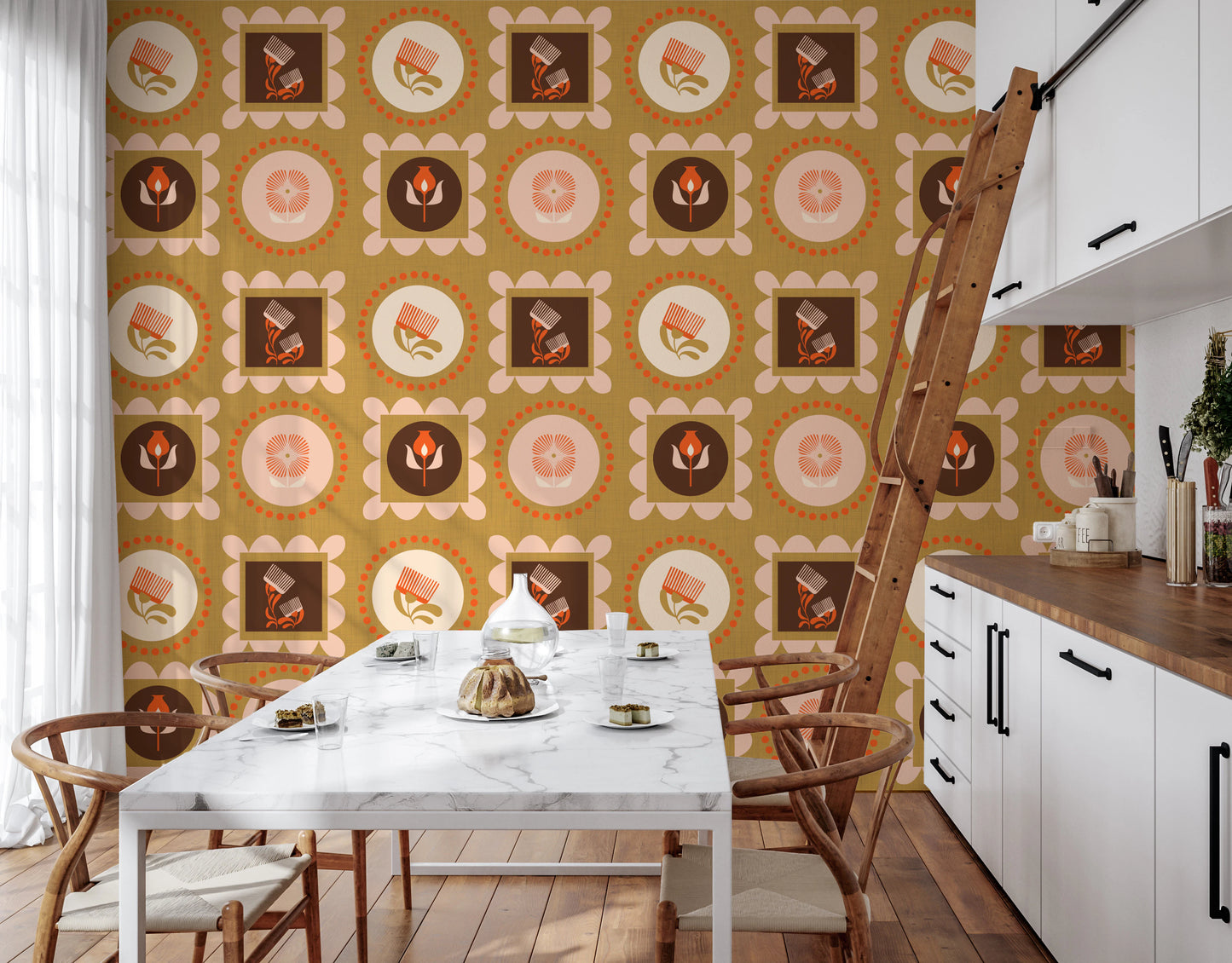 Rame Mid Mod cu flori sălbatice - Tapet crem teracotă cu colaj botanic