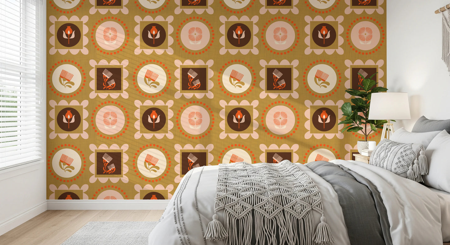 Rame Mid Mod cu flori sălbatice - Tapet crem teracotă cu colaj botanic