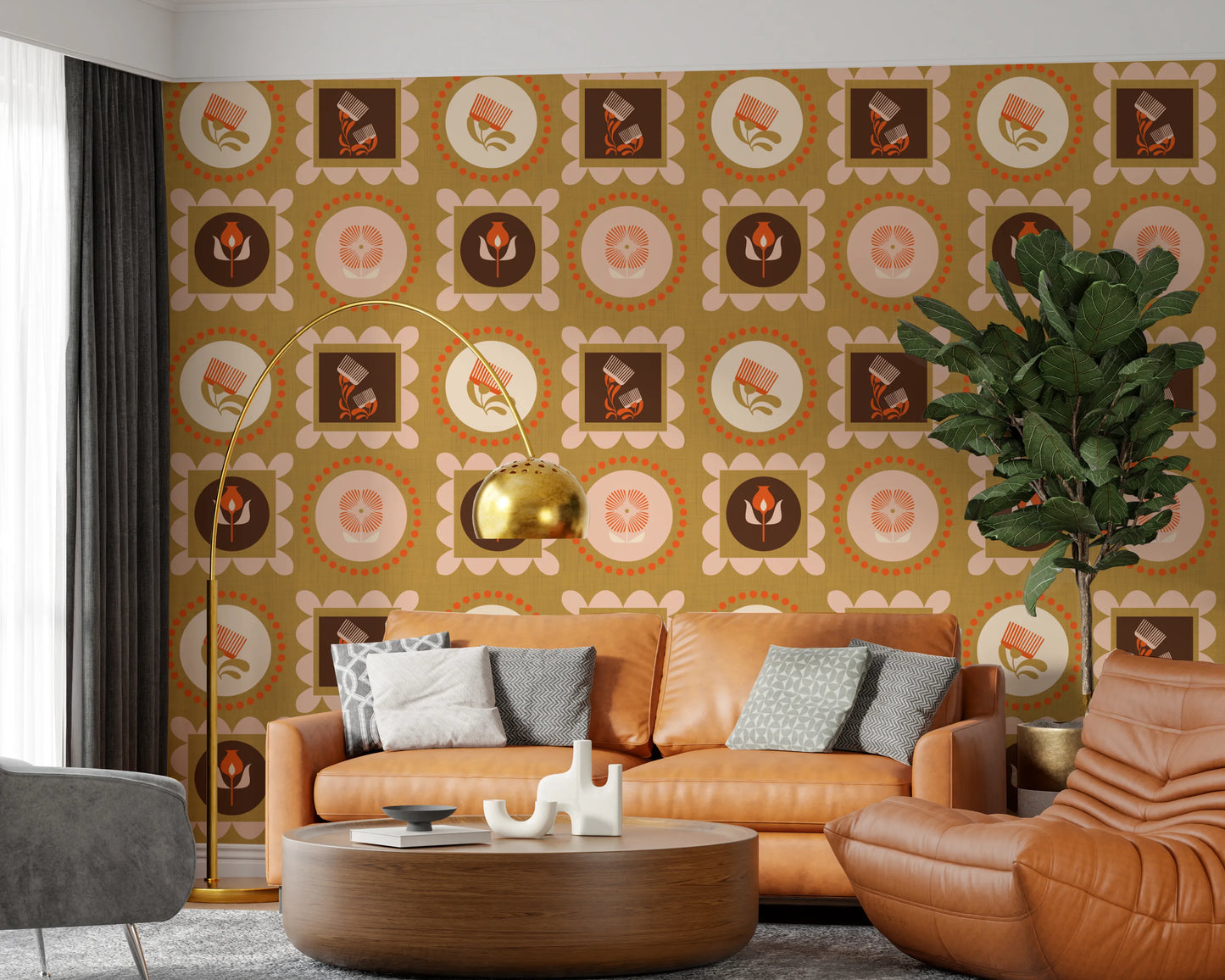 Rame Mid Mod cu flori sălbatice - Tapet crem teracotă cu colaj botanic