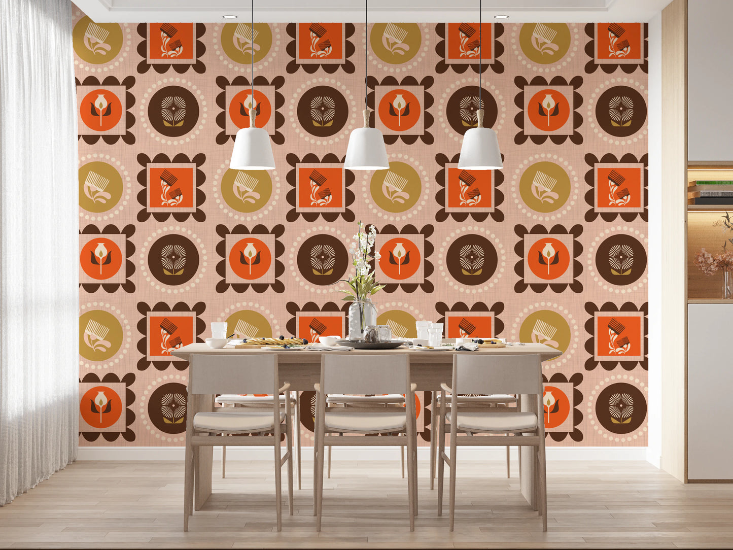 Mid-Mod-Wildblumenrahmen – Botanische Collage, ockerfarbene Terrakotta-Tapete