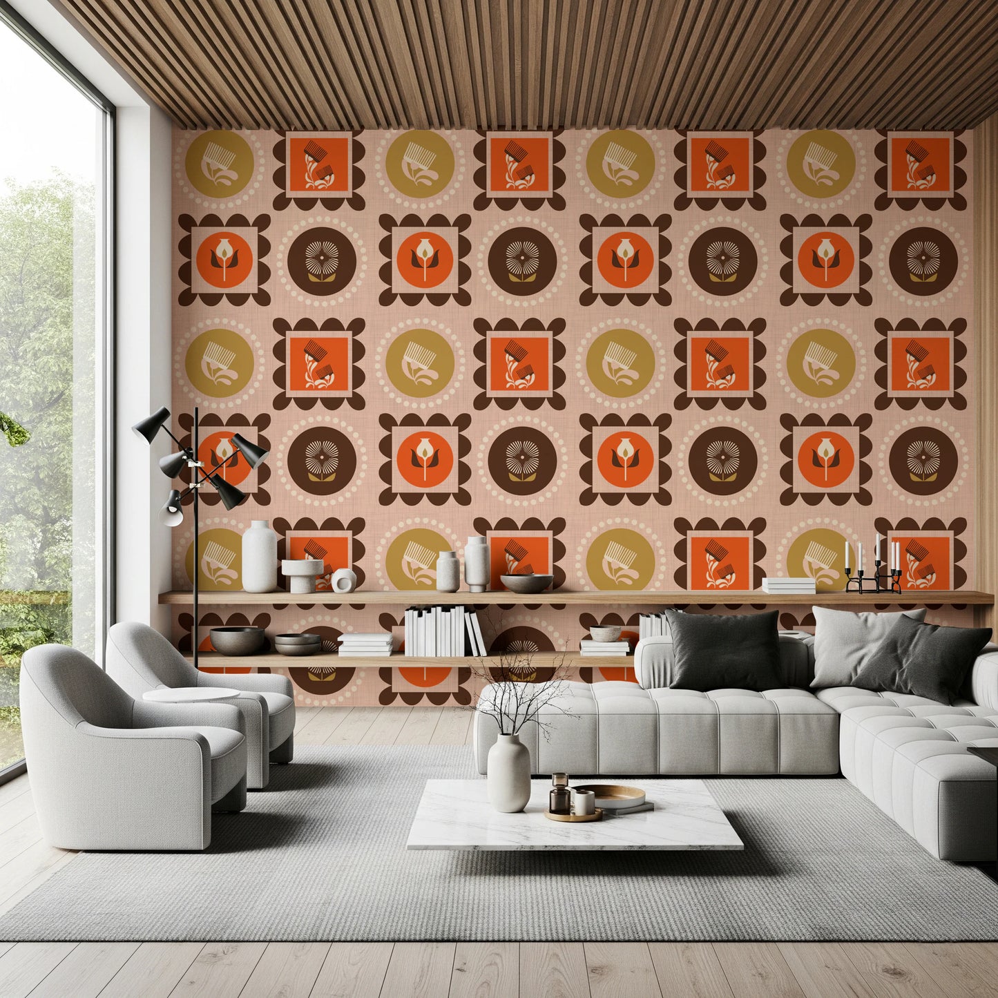 Mid-Mod-Wildblumenrahmen – Botanische Collage, ockerfarbene Terrakotta-Tapete