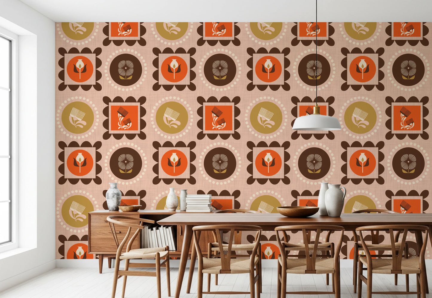 Mid-Mod-Wildblumenrahmen – Botanische Collage, ockerfarbene Terrakotta-Tapete