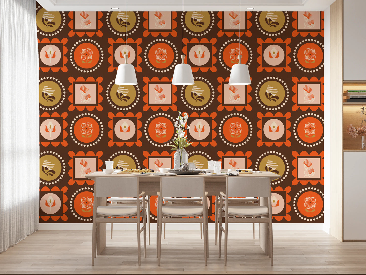 Mid-Mod-Wildblumenrahmen – Botanische Collage-Tapete in Schokoladenbraun und Terrakotta