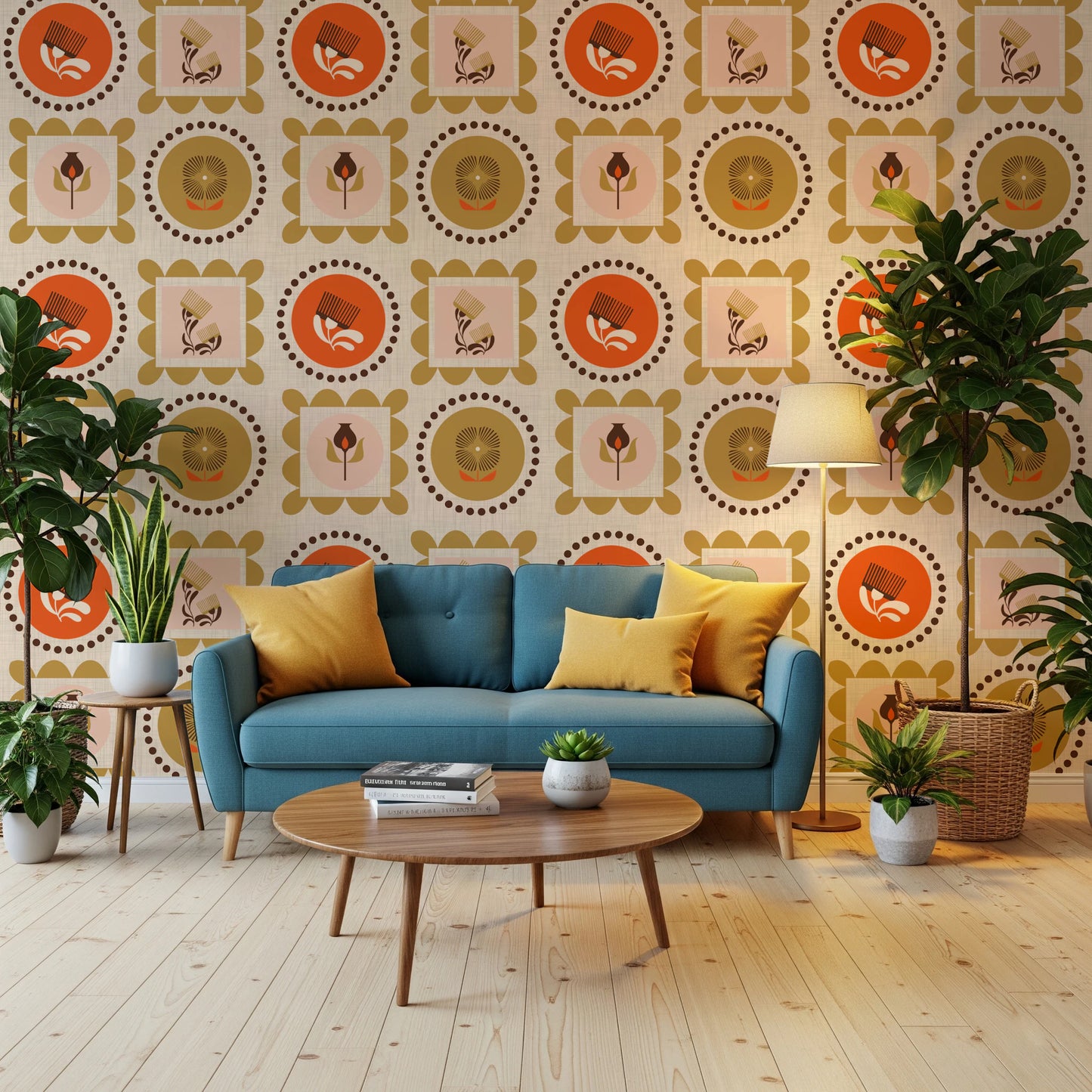 Mid-Mod-Wildblumenrahmen – Botanische Collage-Tapete in Terrakotta-Ocker