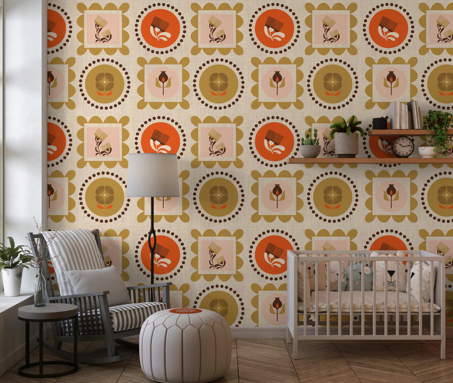 Mid-Mod-Wildblumenrahmen – Botanische Collage-Tapete in Terrakotta-Ocker