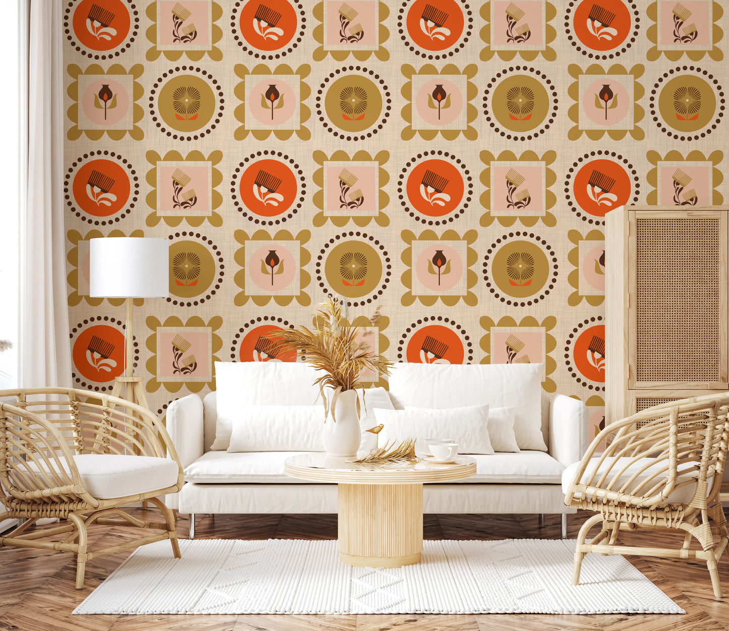 Mid-Mod-Wildblumenrahmen – Botanische Collage-Tapete in Terrakotta-Ocker