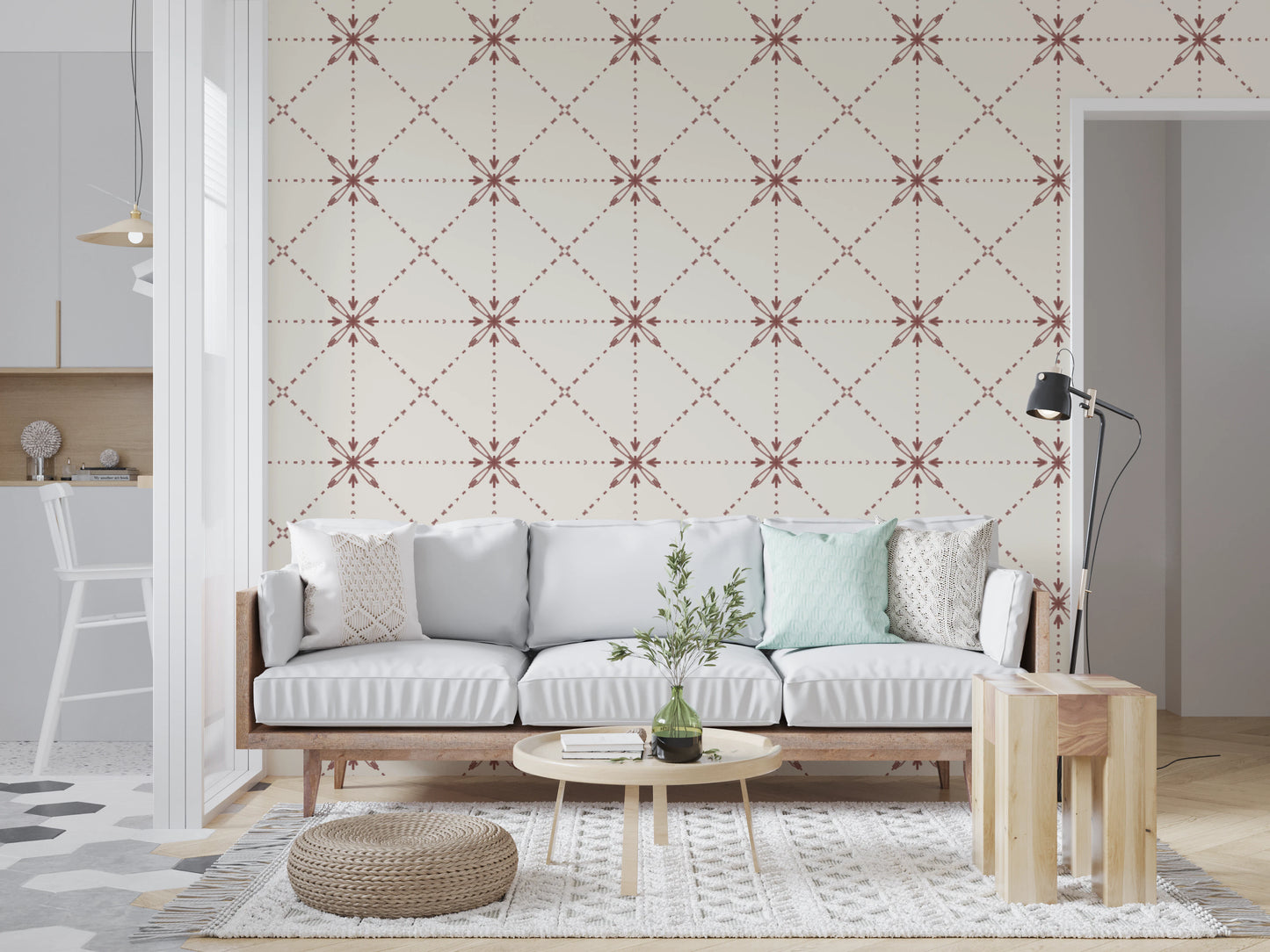 刺し子花格子 - 格子模様の花模様のテラコッタ壁紙⁠