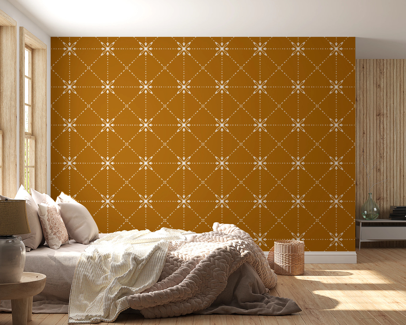 刺し子花格子 - 金色の壁紙に刺繍された格子模様の花模様⁠