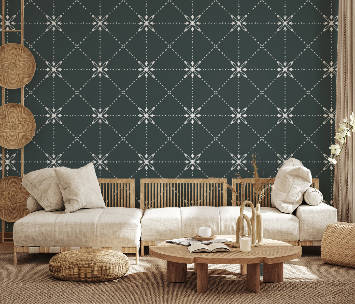 Papier peint Sashiko Hana-Goshi - Broderie florale en treillis sur fond d'espace