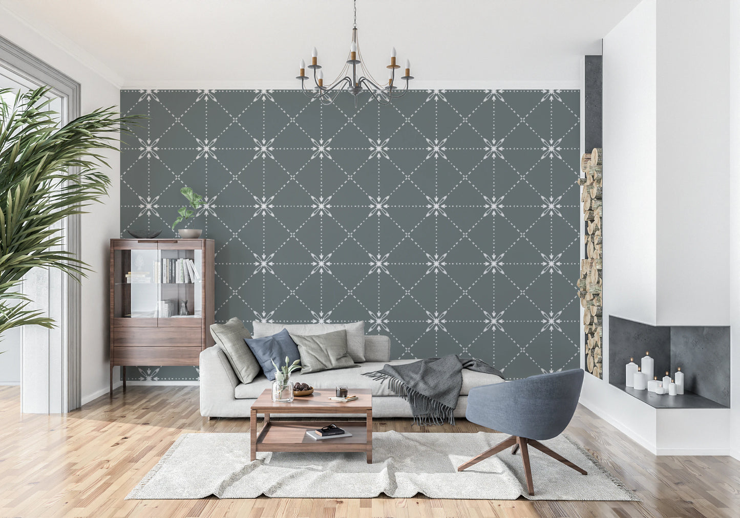 Papier peint Sashiko Hana-Goshi - Broderie florale en treillis sur fond d'espace