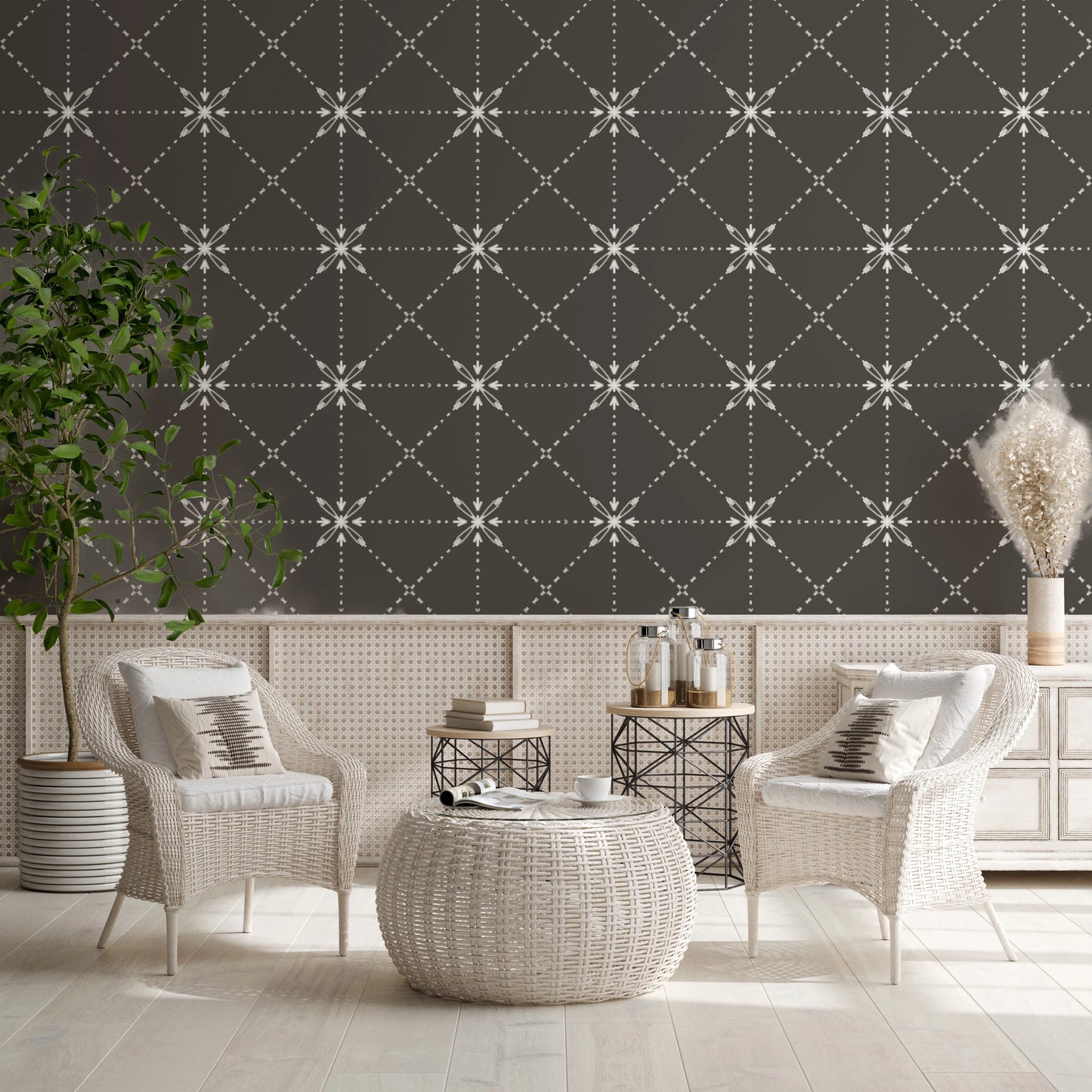 Sashiko Hana-Goshi - Tapeta z motywem kwiatów w kratkę i sylwetki⁠