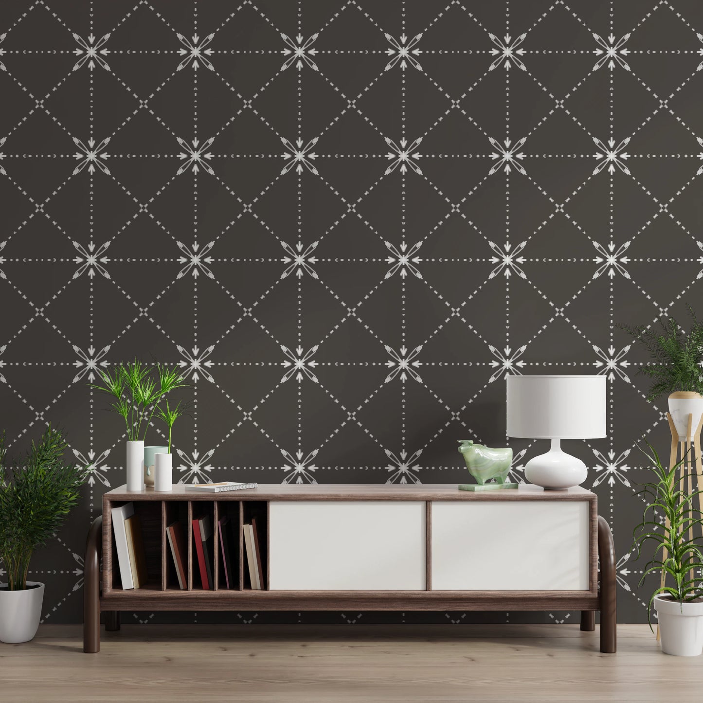 Sashiko Hana-Goshi - Tapeta z motywem kwiatów w kratkę i sylwetki⁠