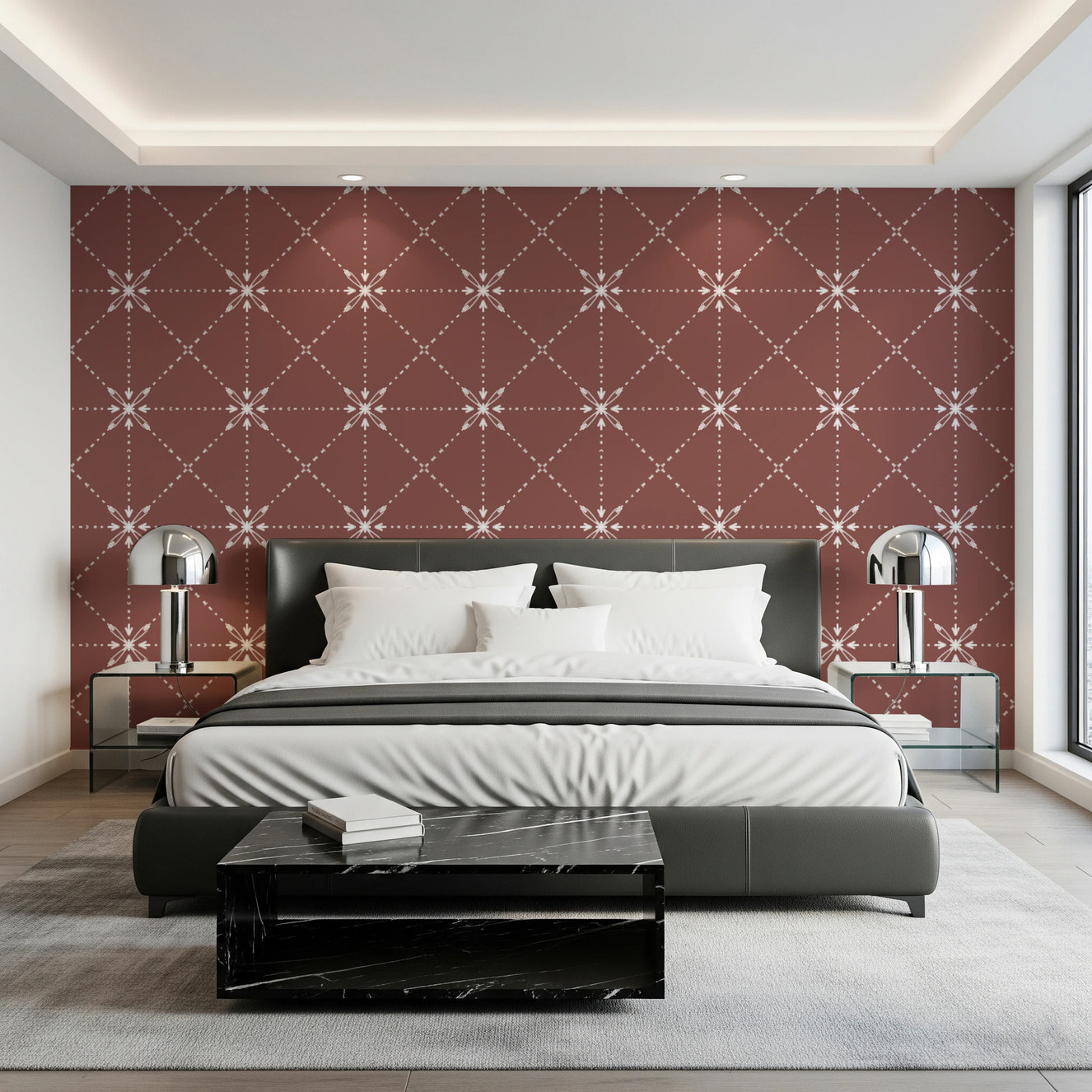 Sashiko Hana-Goshi - Punto a graticcio con fiori su carta da parati in terracotta