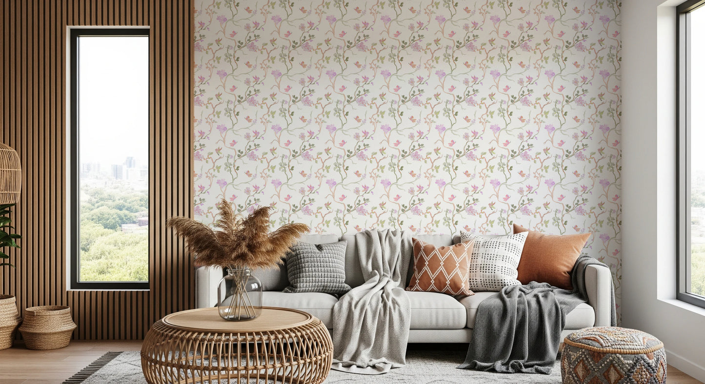 Kukkakuvioinen lento, chinoiserie, unelmoivat linnut, perhoset, tapetti