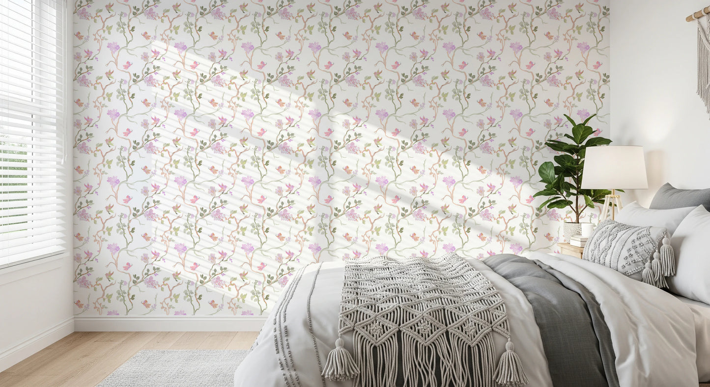 Kukkakuvioinen lento, chinoiserie, unelmoivat linnut, perhoset, tapetti