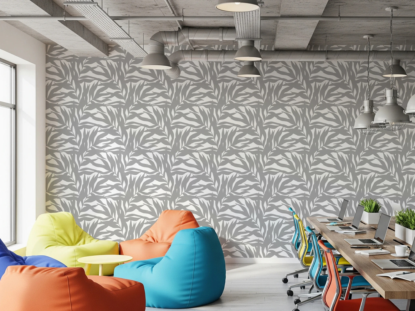 Baldacchino di foglie grigie su carta da parati botanica bianca