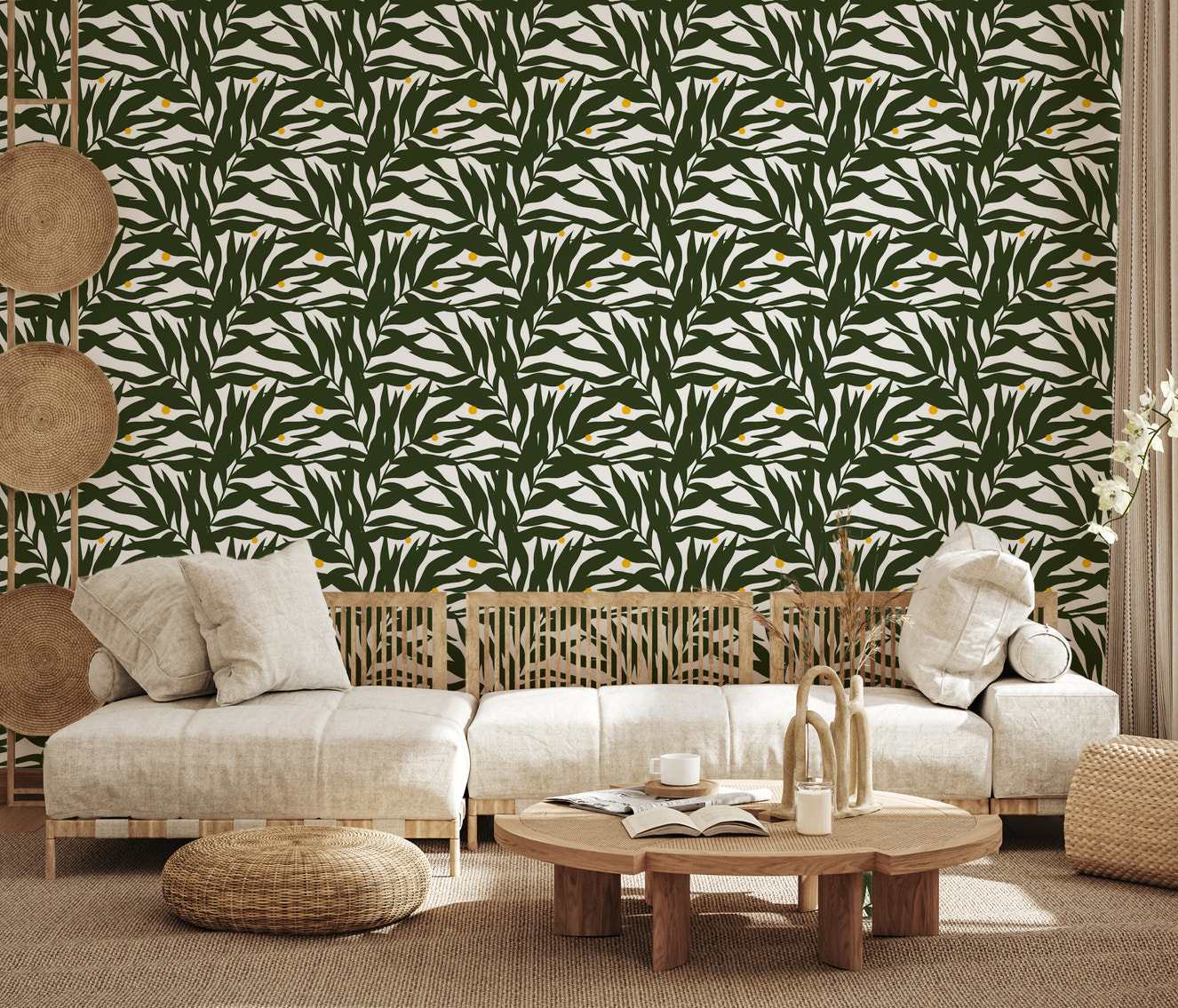 Carta da parati con fronde di palma e agrumeto