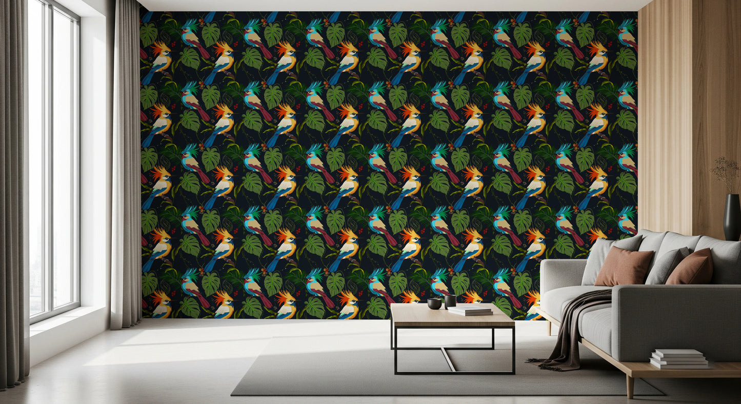 Carta da parati con uccelli della giungla esotici e paradiso botanico