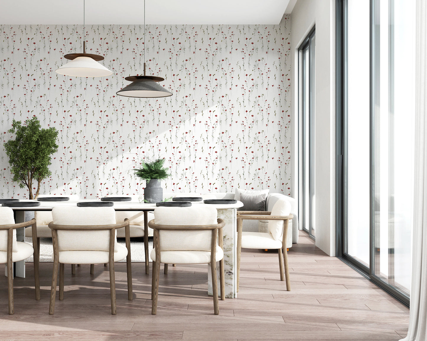 Carta da parati con delicati fiori scarlatti