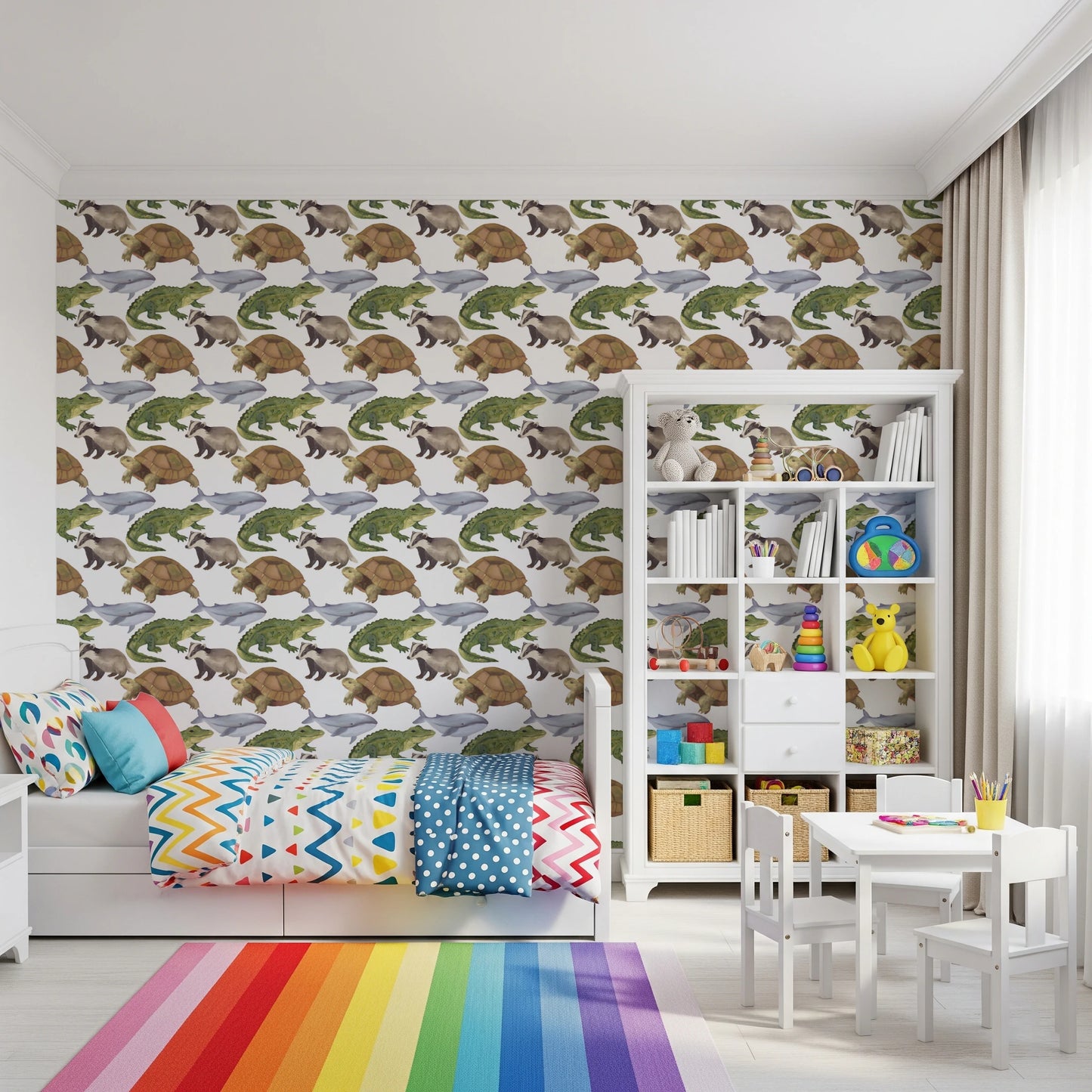 Carta da parati per cameretta dei bambini con tema animali acquerello, tartaruga, coccodrillo e balena