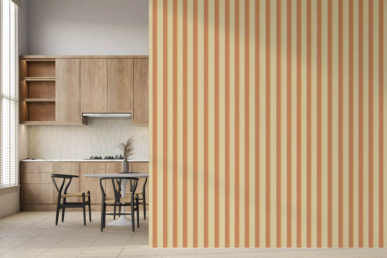 Classic Vertical Stripes Wallpaper with terracotta and cream linear design.
