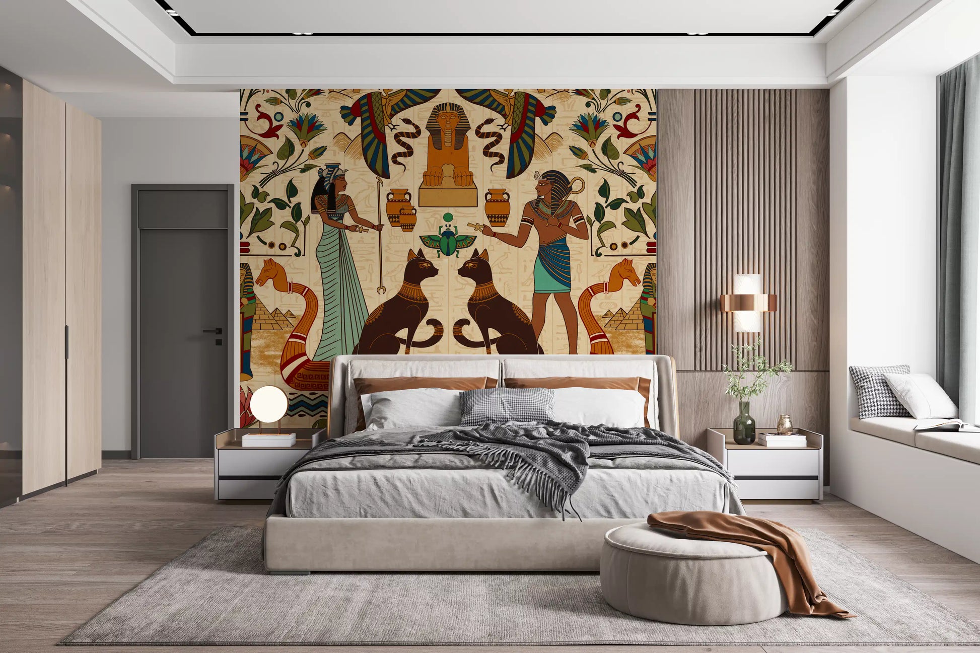 Bold Ancient Echoes Wall Mural enhancing a Bedroom with cultural warmth.