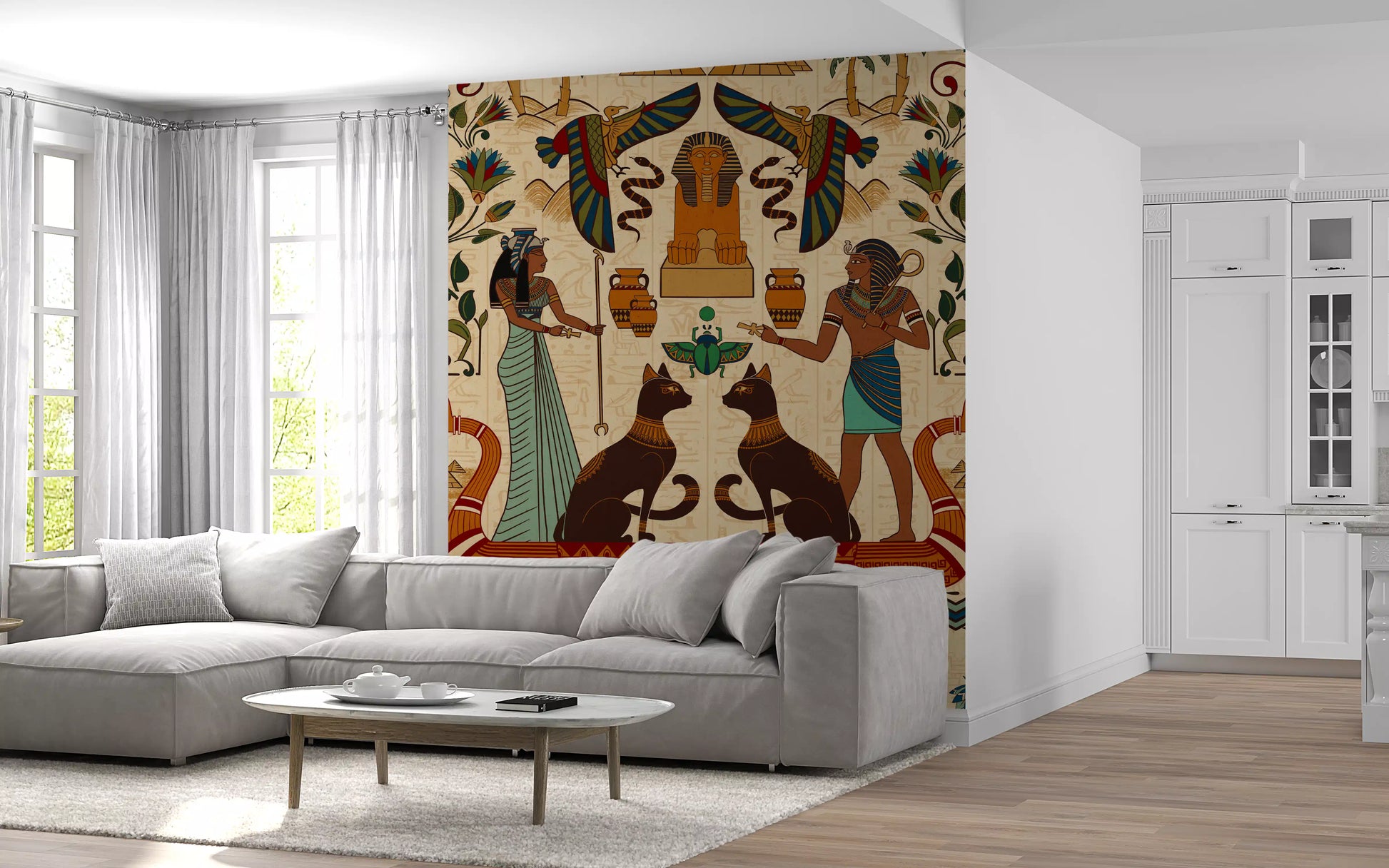 Feature Ancient Echoes wall mural in the Living room, displaying earthy tribal imagery.