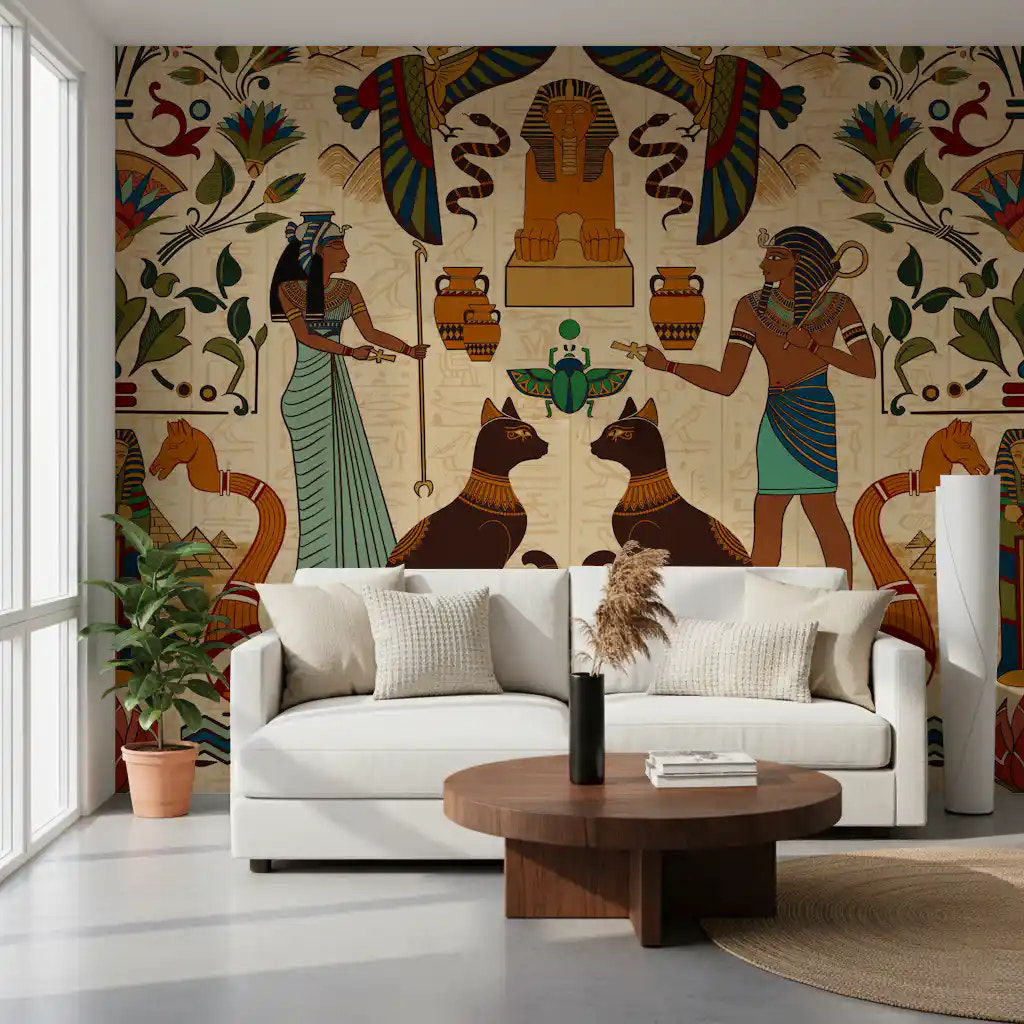 Vibrant Ancient Echoes Wall Mural enhancing the living room space