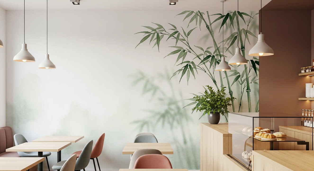 Bamboo wall mural showcasing soft green tones and shadows for restaurants 