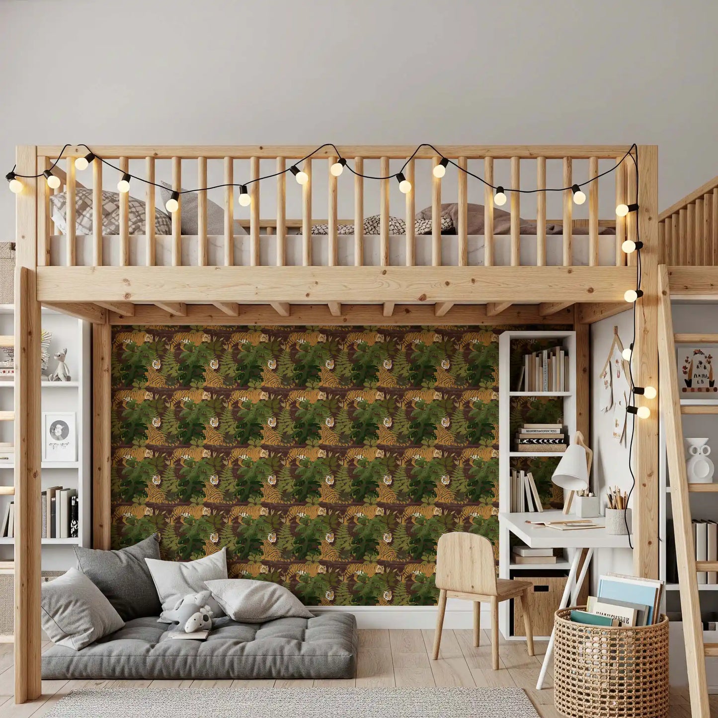 Tigres selvagens vagueiam pela selva, papel de parede tropical de Monstera⁠