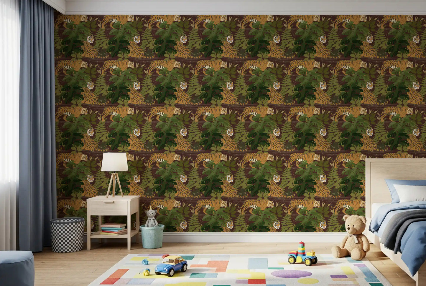 Tigres selvagens vagueiam pela selva, papel de parede tropical de Monstera⁠