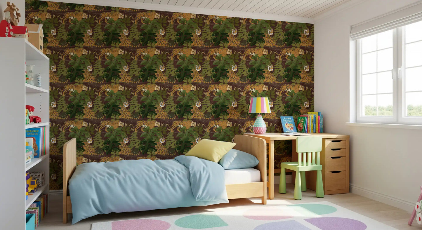 Tigres selvagens vagueiam pela selva, papel de parede tropical de Monstera⁠