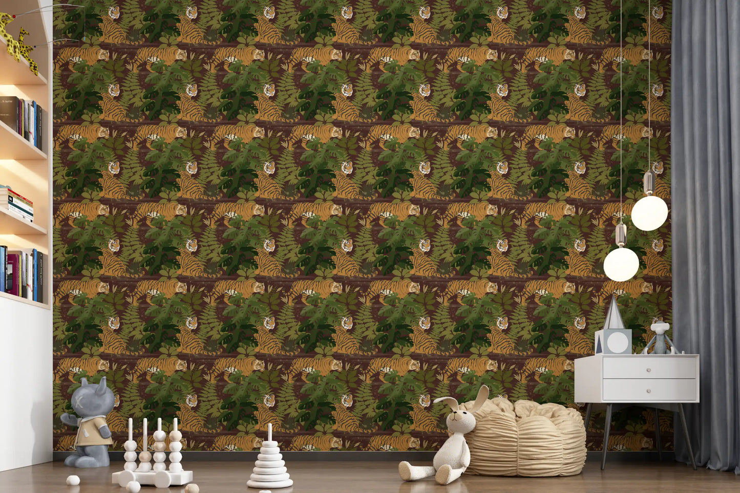 Tigres selvagens vagueiam pela selva, papel de parede tropical de Monstera⁠