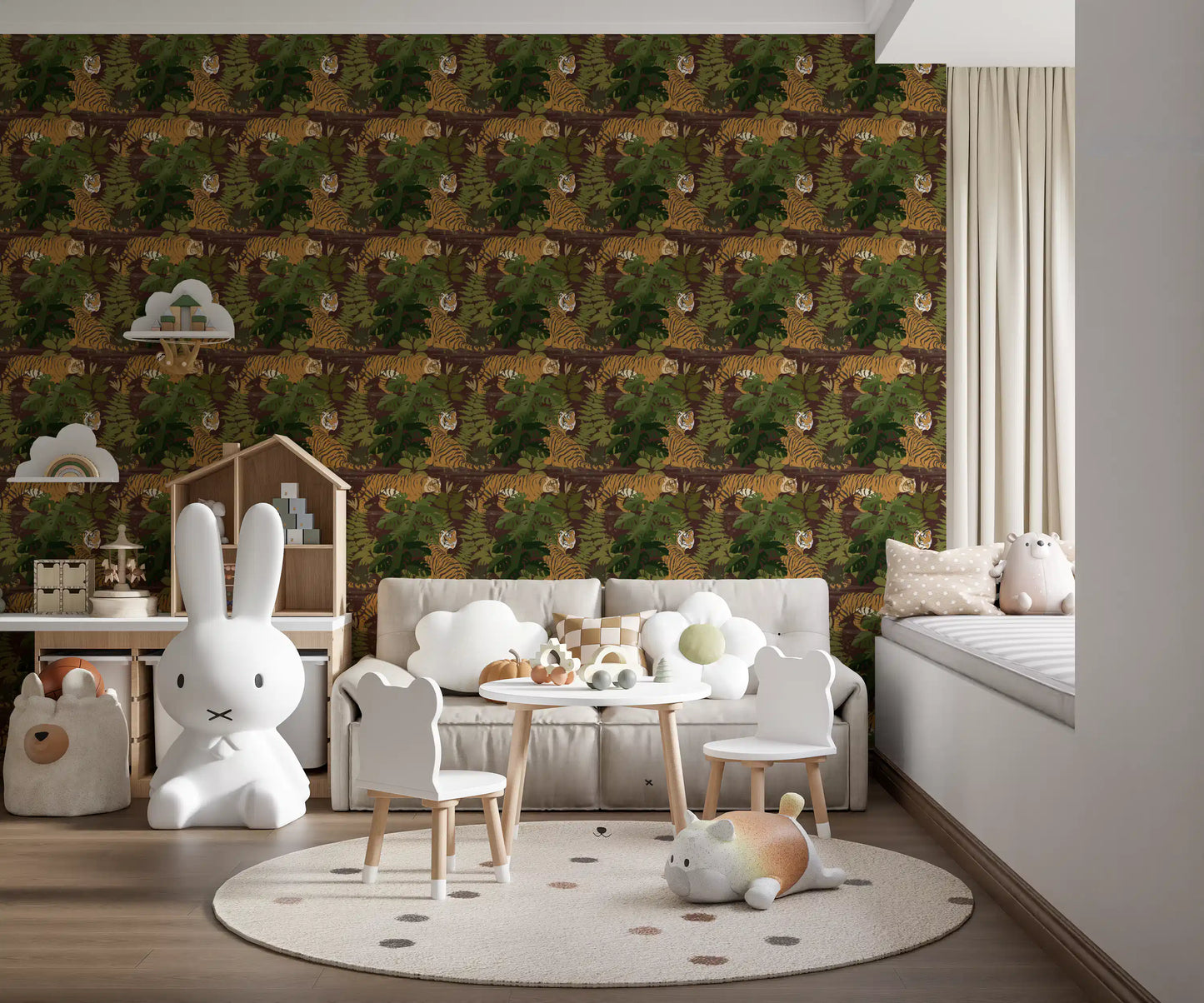 Tigres selvagens vagueiam pela selva, papel de parede tropical de Monstera⁠