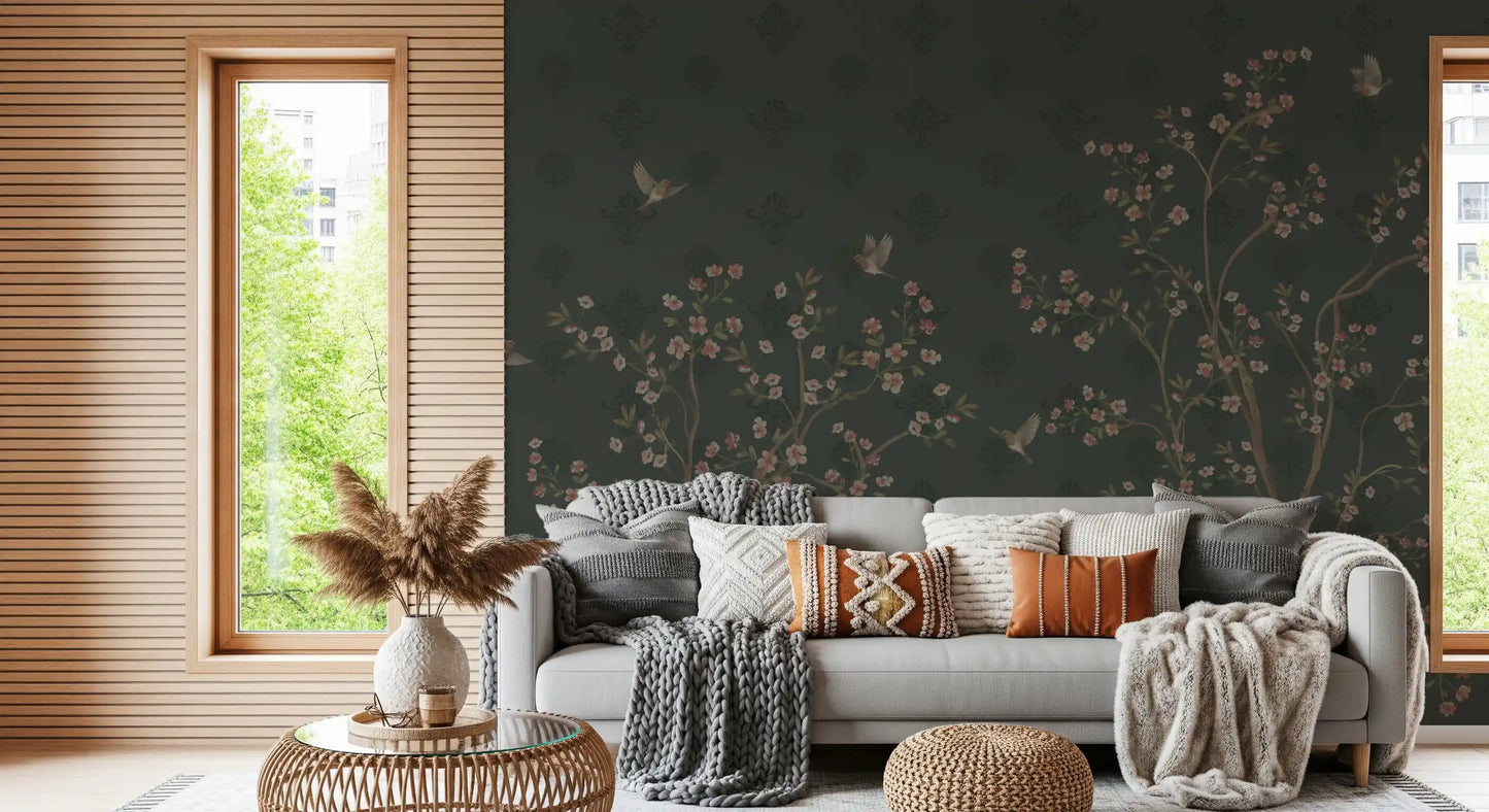 Emerald Bloom & Flight Wall Mural with delicate botanical branches.