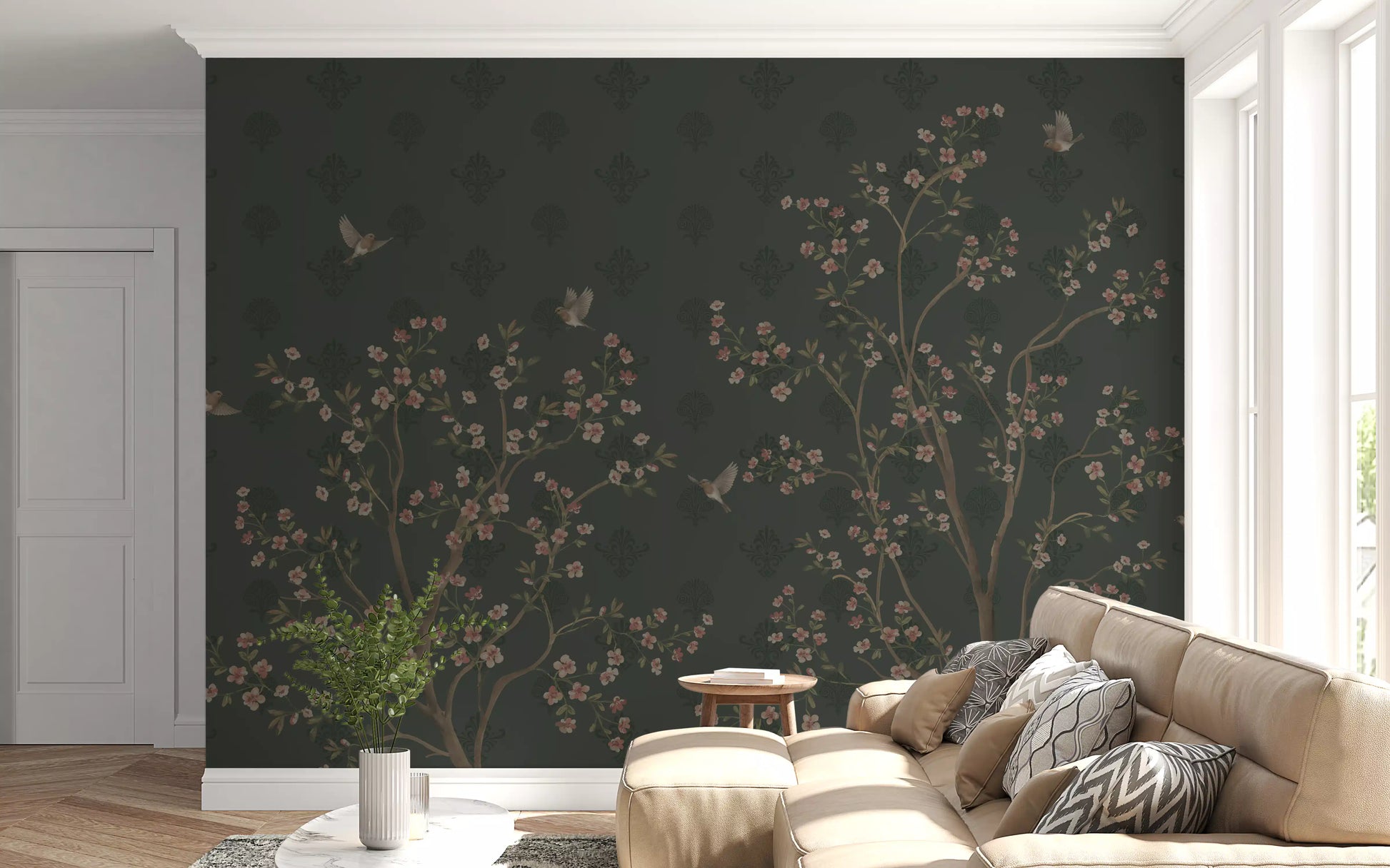 Emerald Bloom & Flight Wall Mural with soft pink flower accents.