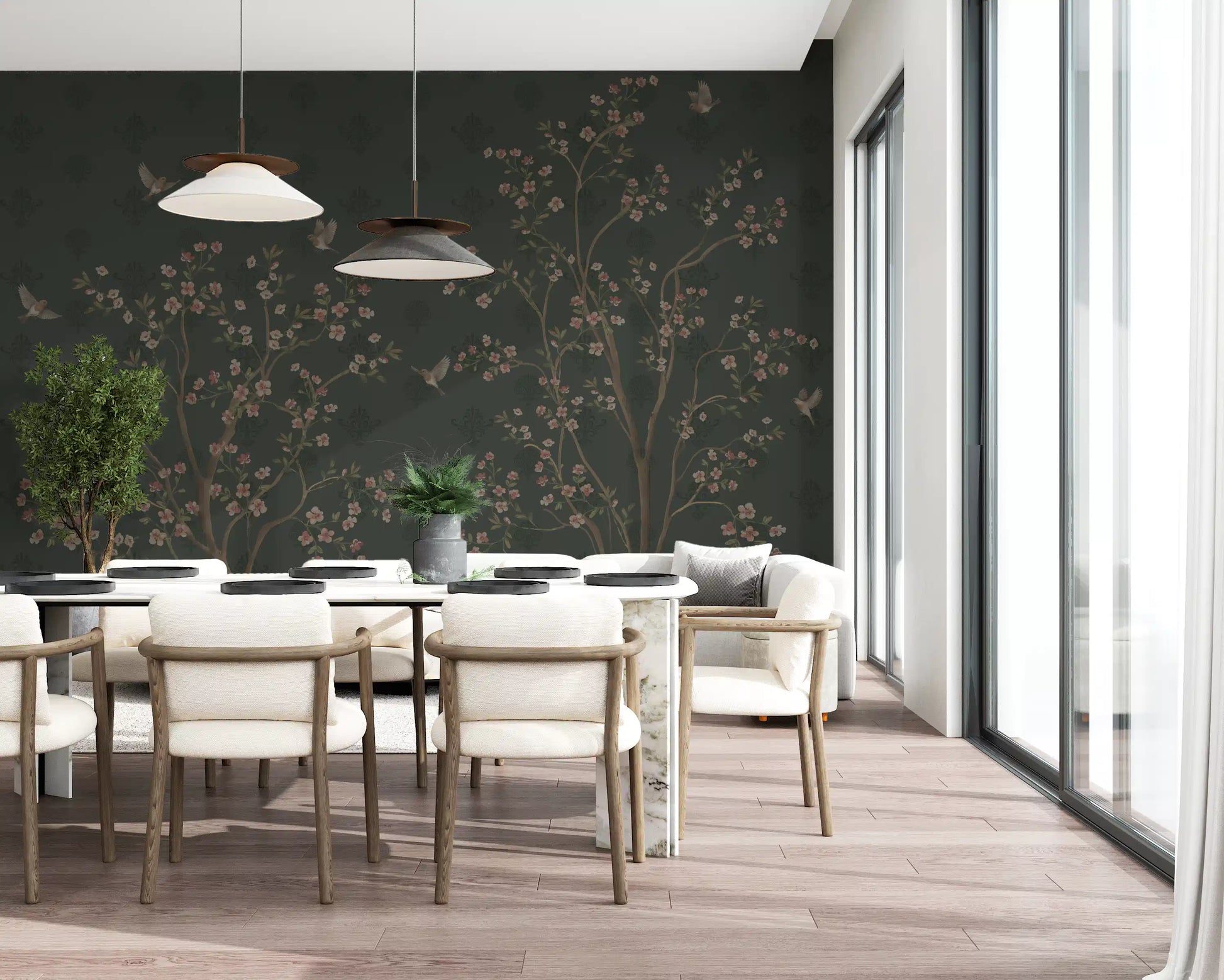 Pink cherry blossoms on the Emerald Bloom & Flight Wall Mural for a dining room.