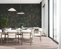Pink cherry blossoms on the Emerald Bloom & Flight Wall Mural for a dining room.