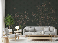 Emerald Bloom & Flight Wall Mural a for living room with deep green damask textures.
