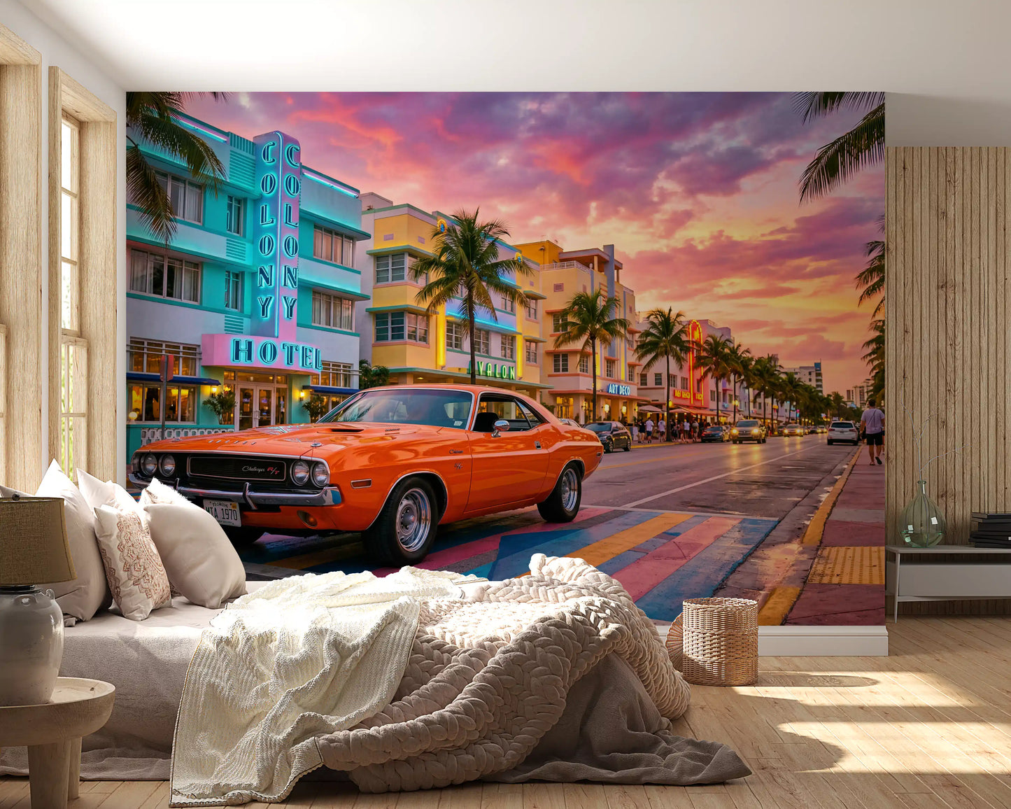 Wandbild „Sonnenuntergangsfahrt auf dem Ocean Drive“