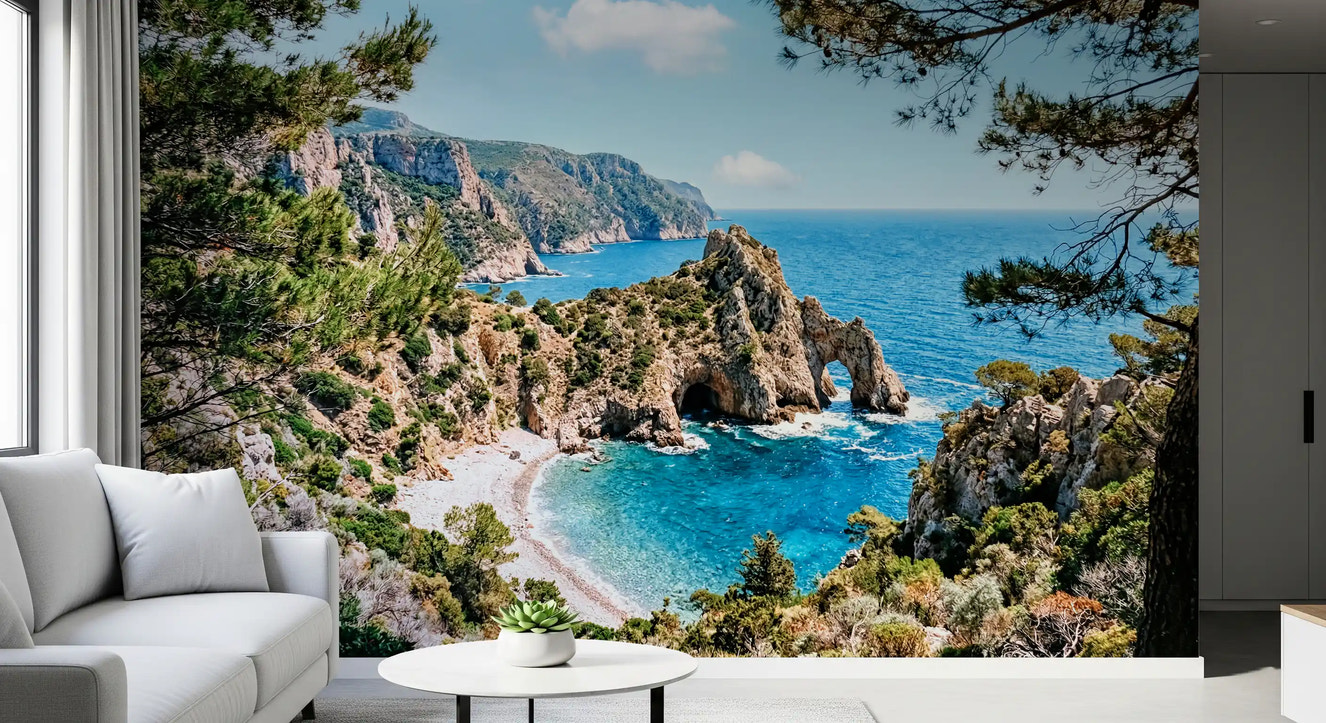 Fredfyldt kystnær buegang vægmaleri