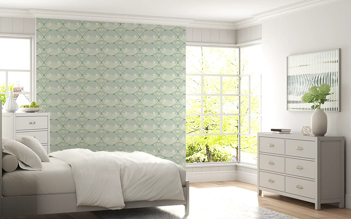 bedroom wallpaper with coastal shell wave sage pattern