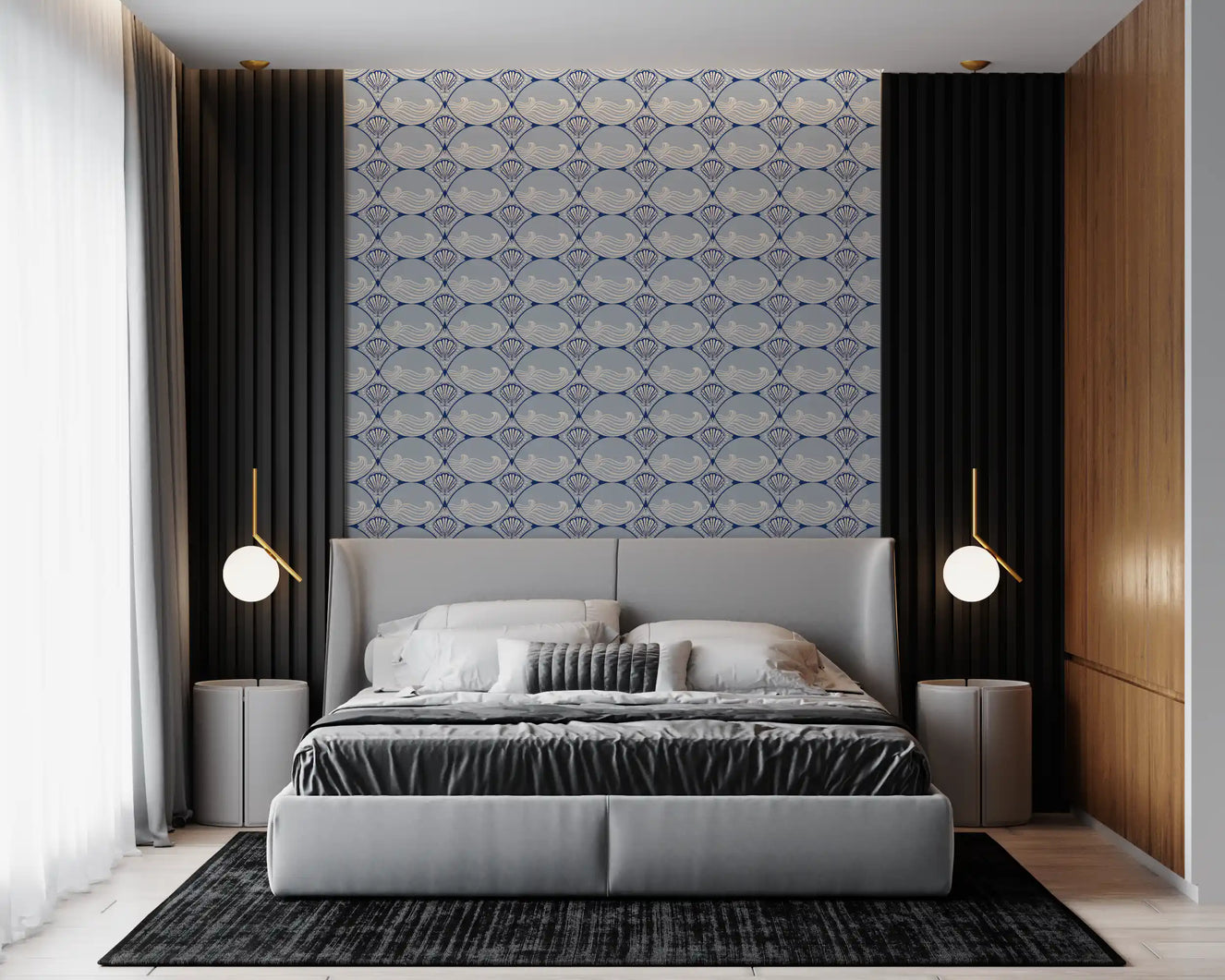Coastal shell pattern wallpaper placed in a minimalist bedroom setting